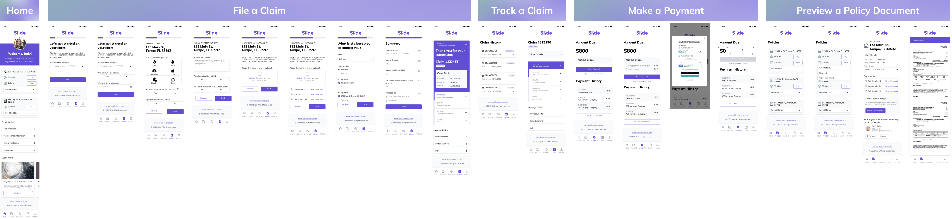 Mid-fidelity screens depicting the 'File a Claim' self-service flow